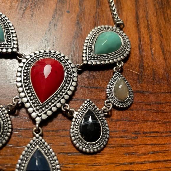 Vintage Silver Finish Genuine Multi Teardrop Faux Stones Necklace - Picture 5 of 9